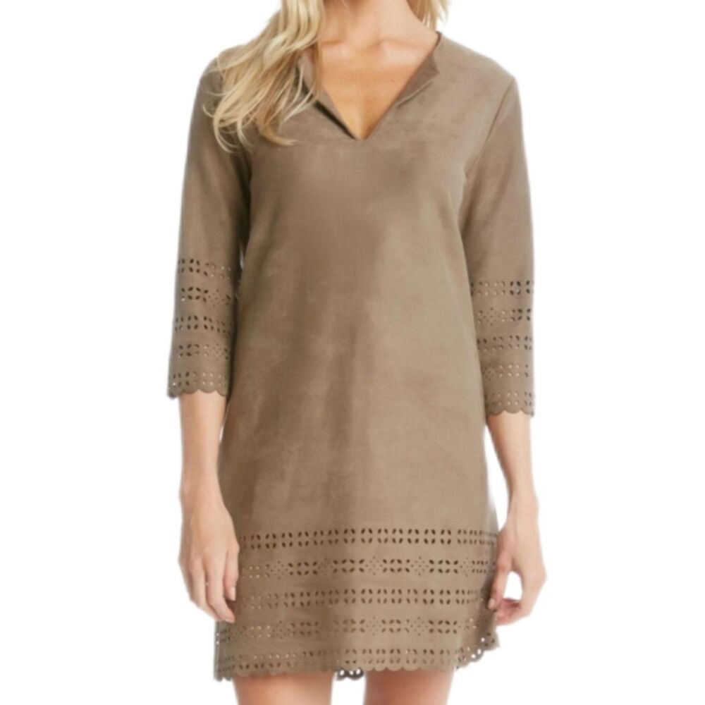 Karen Kane Faux Suede Eyelet Mini Shift Dress Women's Large Boho Minimalist Chic